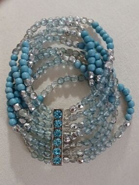 Blue Multi-Strand Beaded Bracelet with Crystal Accent